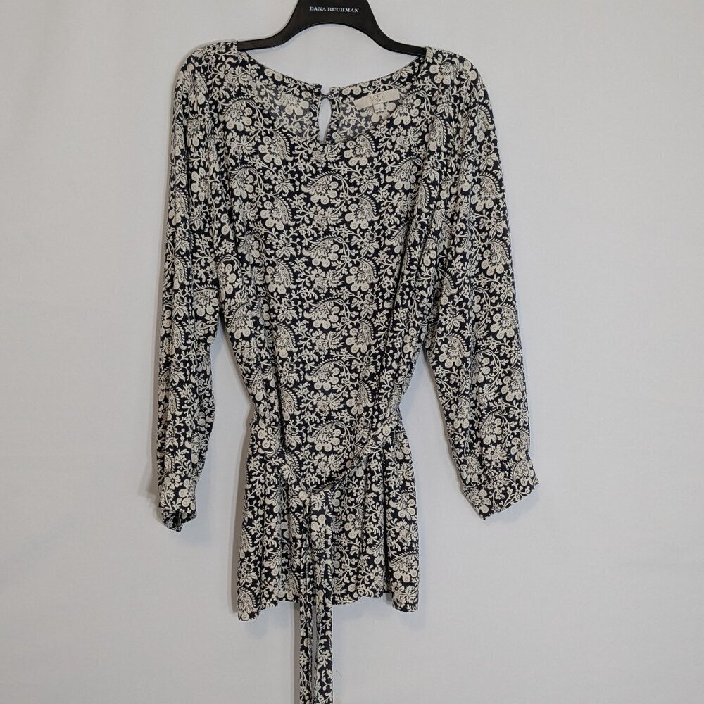LOFT Navy Blue/White Floral 3/4 Sleeve Lightweight Belted Blouse Top; Size 26